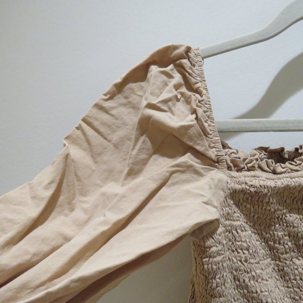 MOD REF Smocked Prairie Dress in Tan Beige Minimalist Trad Wife Cottagecore - Picture 8 of 12